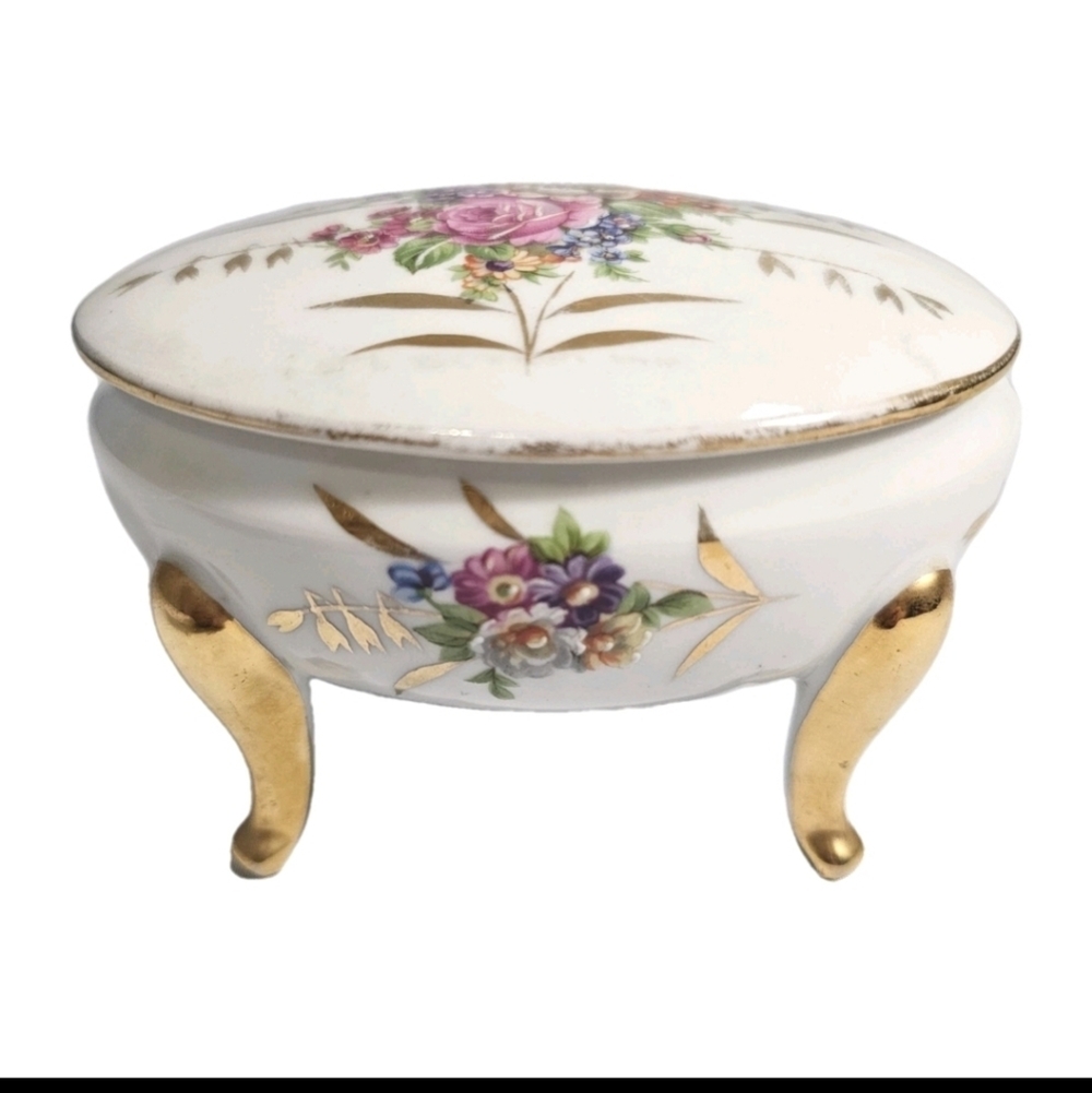 LIMOGES  FRANCE  EGG SHAPE FLORAL HANDPAINTED FOOTED WHITE VINTAGE TRINKET BOX